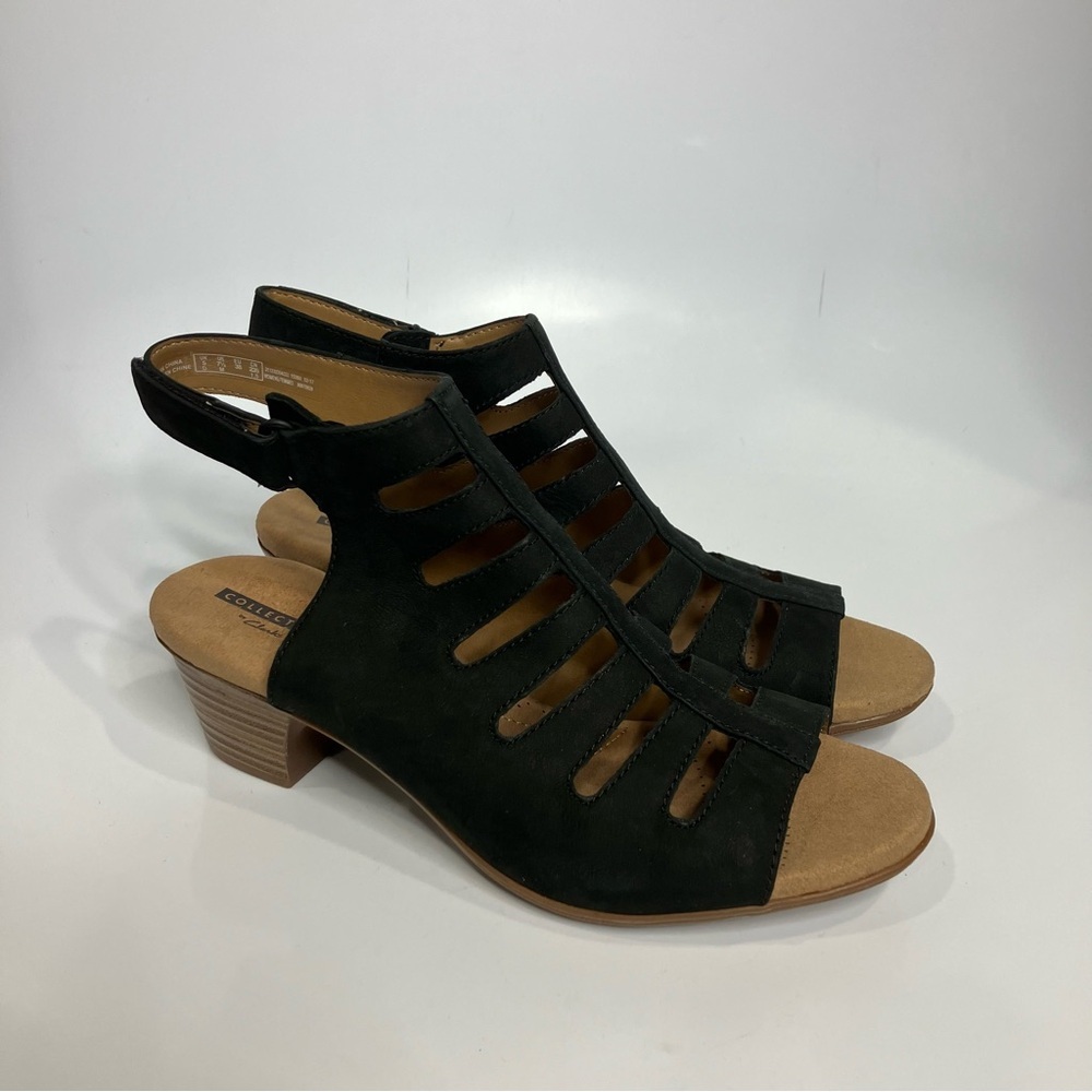 Clarks Valerie Shelly heeled sandals black leather open toe women’s‎ size 7.5